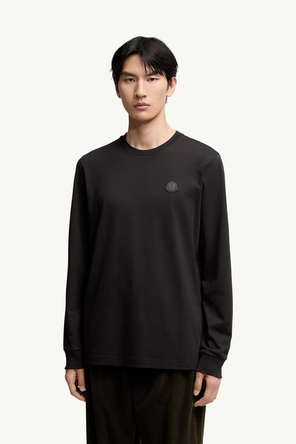 Moncler Leather Logo Long Sleeve Cotton T-Shirt Black Black