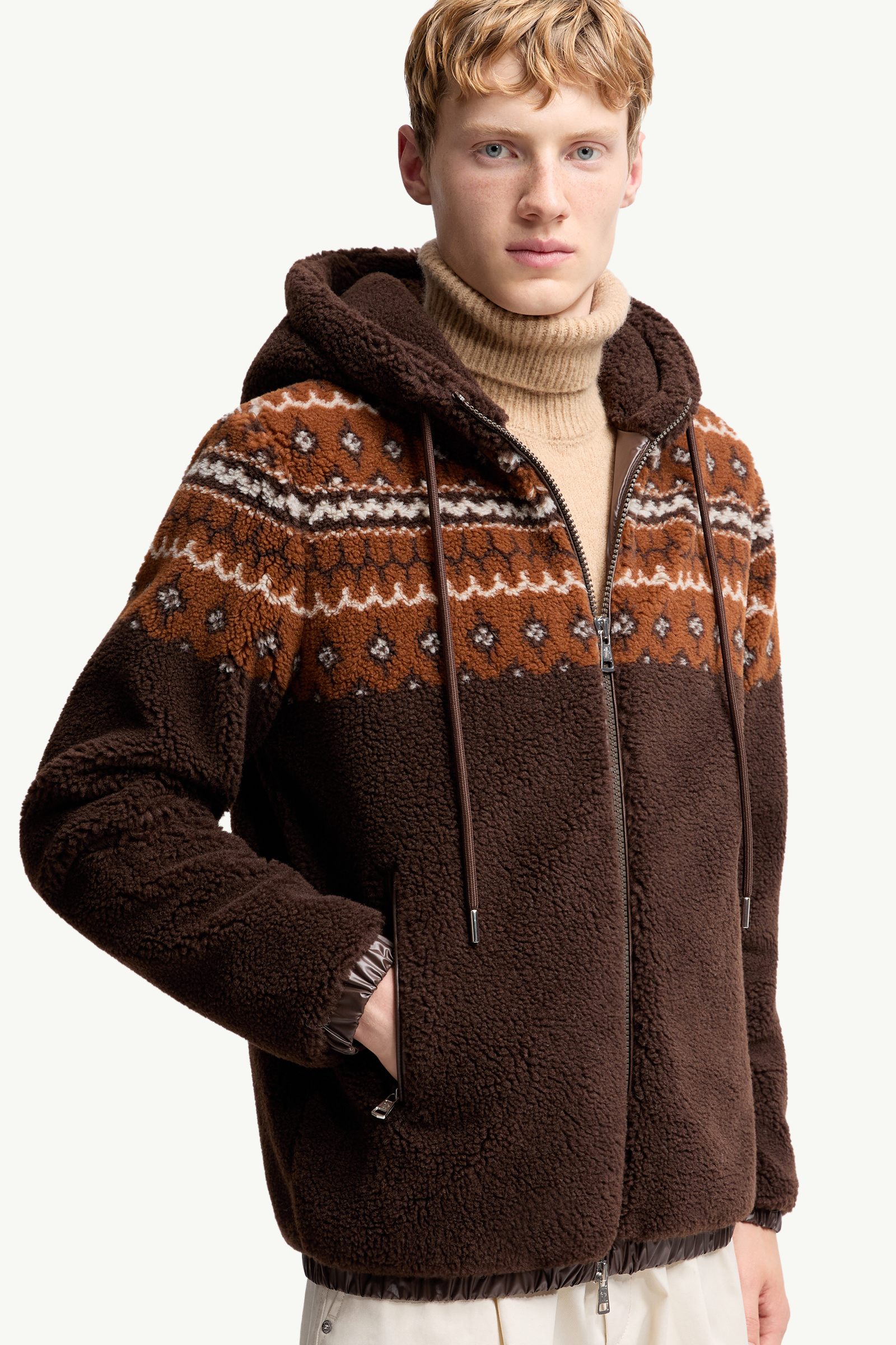 Moncler Geometric Jacquard Wool Blend Hoodie Brown Brown