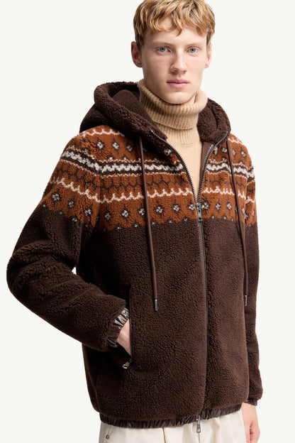 Moncler Geometric Jacquard Wool Blend Hoodie Brown Brown