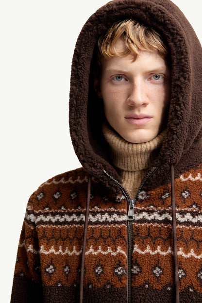 Moncler Geometric Jacquard Wool Blend Hoodie Brown Brown