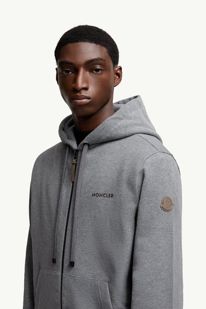 Moncler Leather Logo Cotton Blend Zip-Up Hoodie Dark Grey Dark Grey