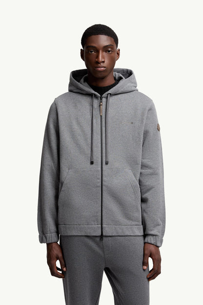 Moncler Leather Logo Cotton Blend Zip-Up Hoodie Dark Grey Dark Grey