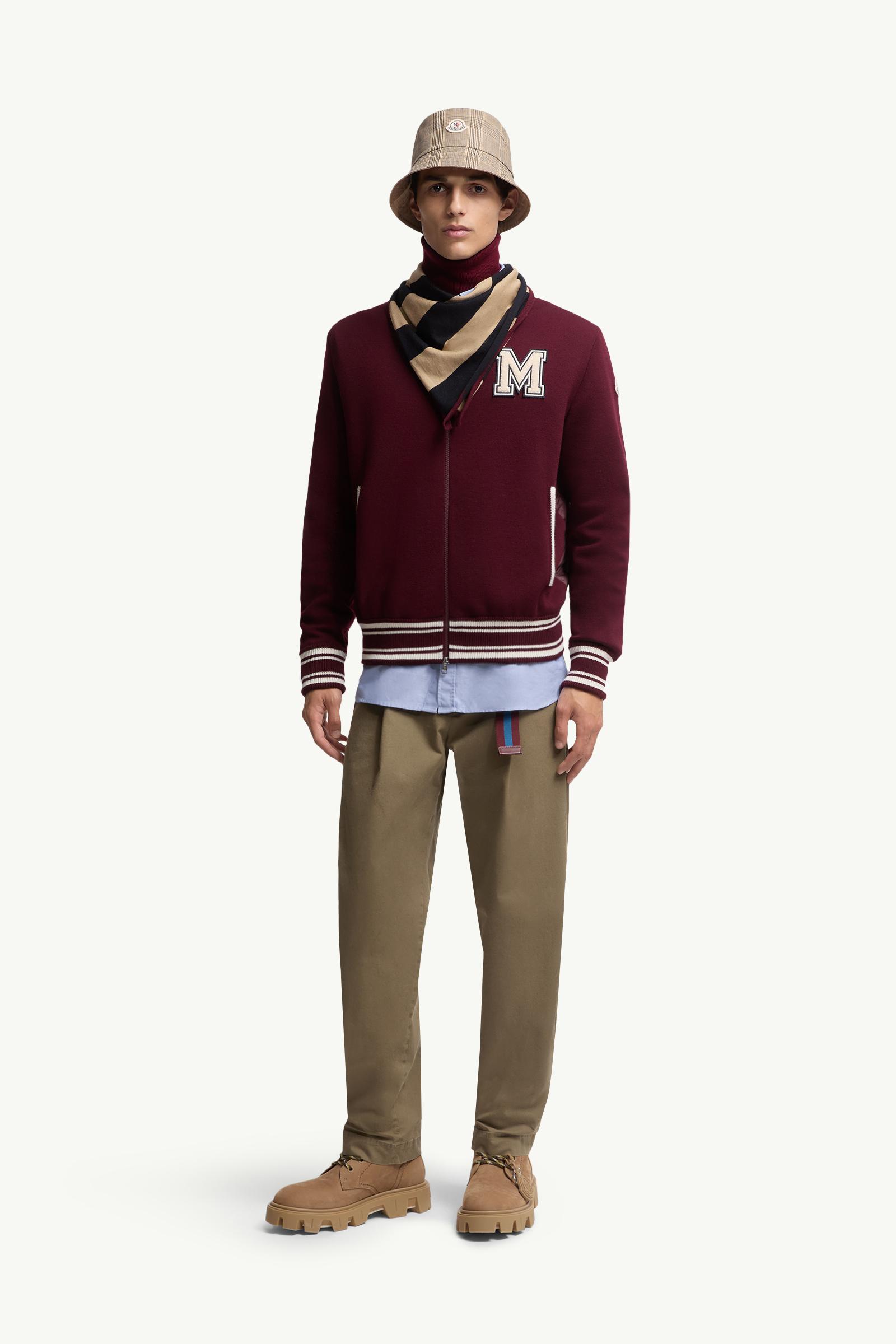 Moncler Embroidered Monogram Padded Zip-Up Wool Blend Cardigan Burgundy Burgundy