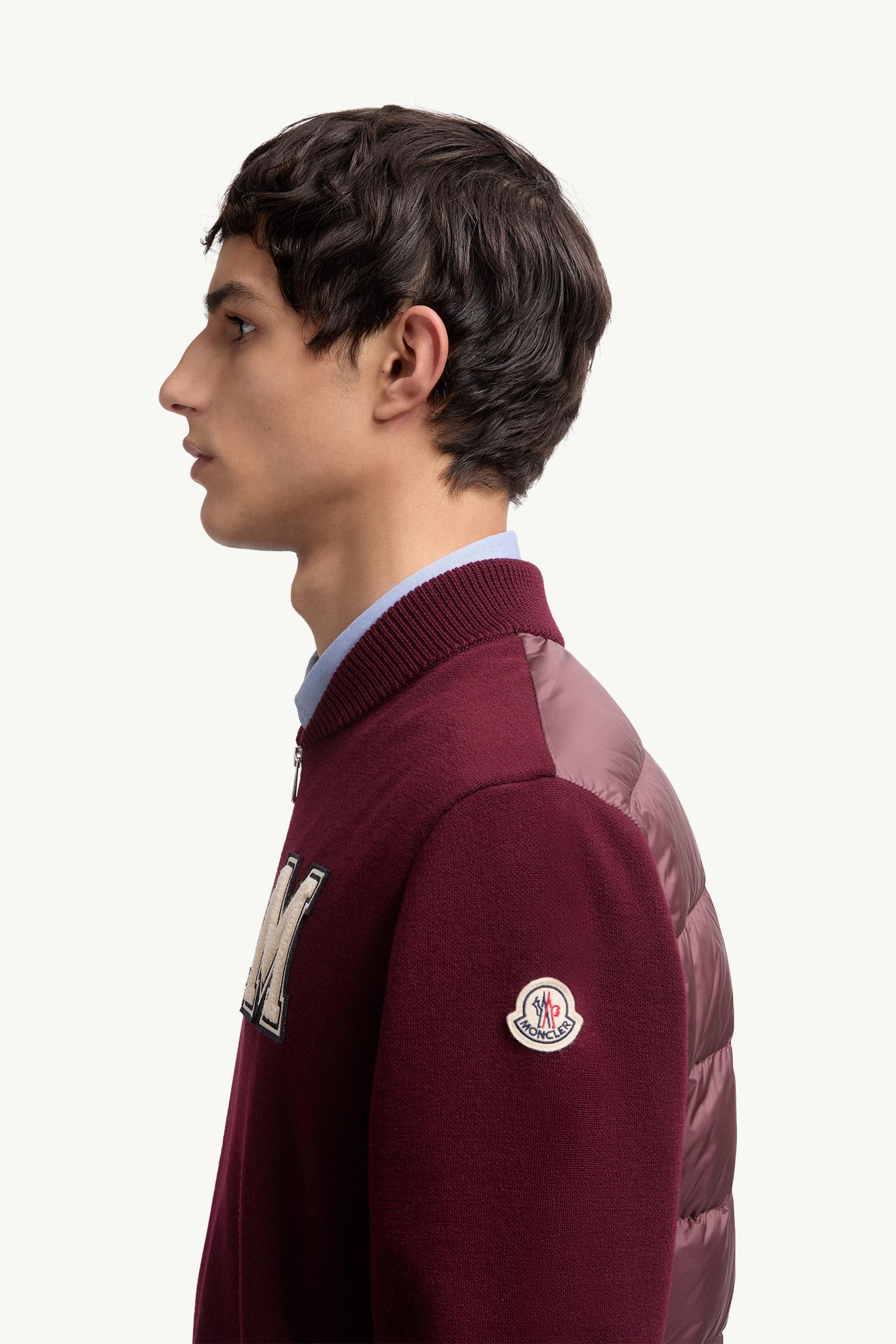 Moncler Embroidered Monogram Padded Zip-Up Wool Blend Cardigan Burgundy Burgundy