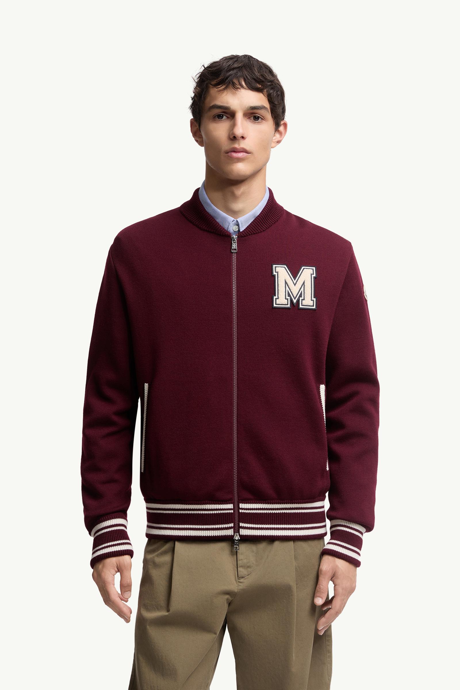 Moncler Embroidered Monogram Padded Zip-Up Wool Blend Cardigan Burgundy Burgundy