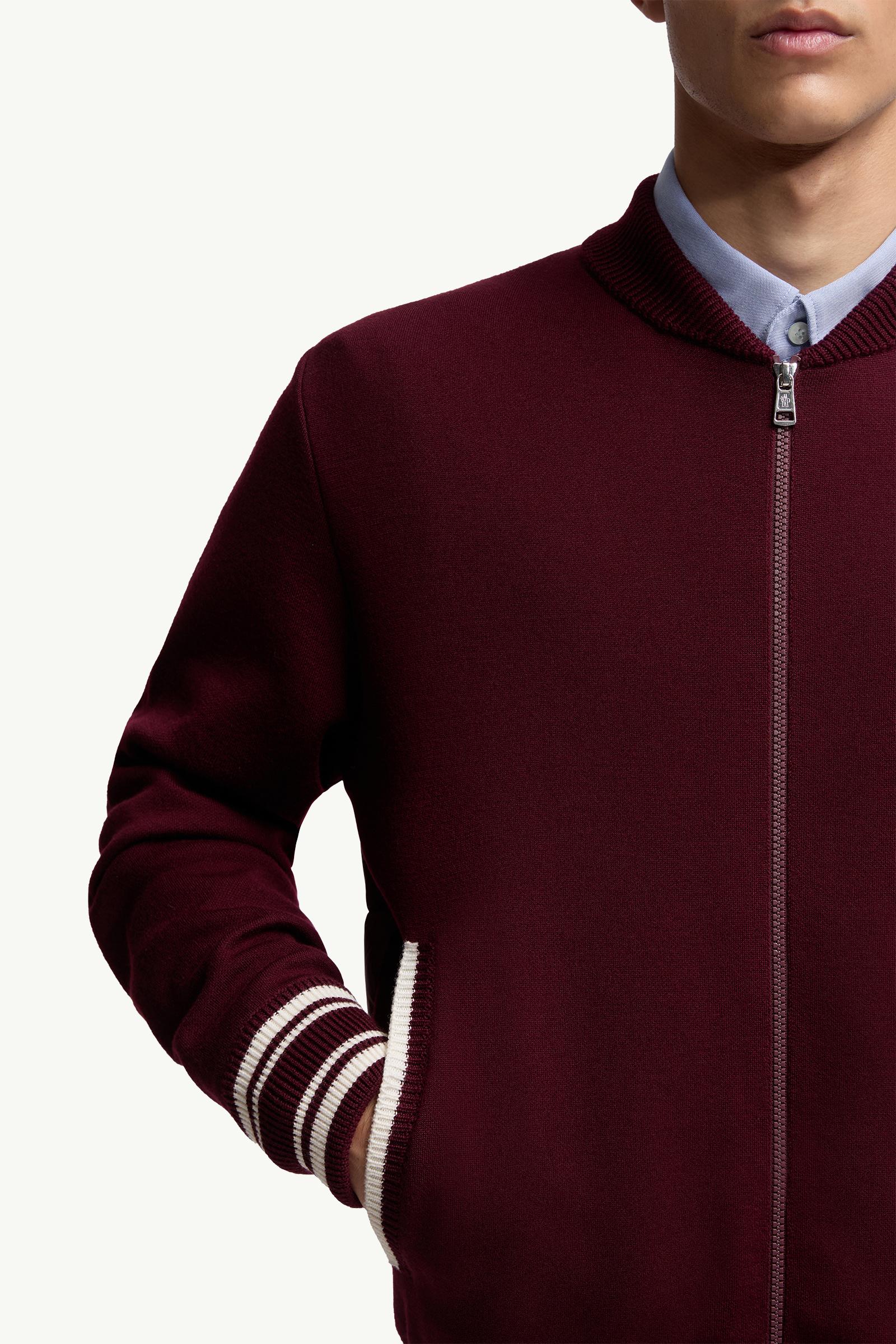 Moncler Embroidered Monogram Padded Zip-Up Wool Blend Cardigan Burgundy Burgundy