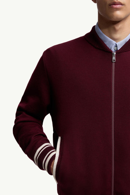 Moncler Embroidered Monogram Padded Zip-Up Wool Blend Cardigan Burgundy Burgundy