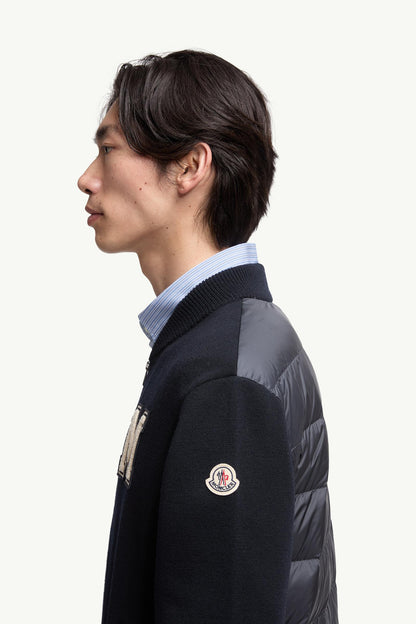 Moncler Embroidered Monogram Padded Zip-Up Wool Blend Cardigan Blue Blue