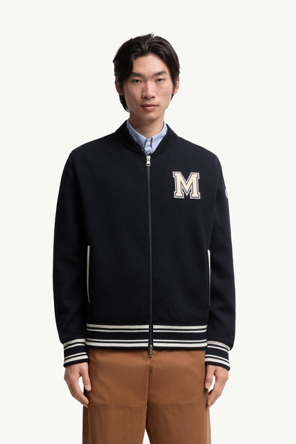 Moncler Embroidered Monogram Padded Zip-Up Wool Blend Cardigan Blue Blue