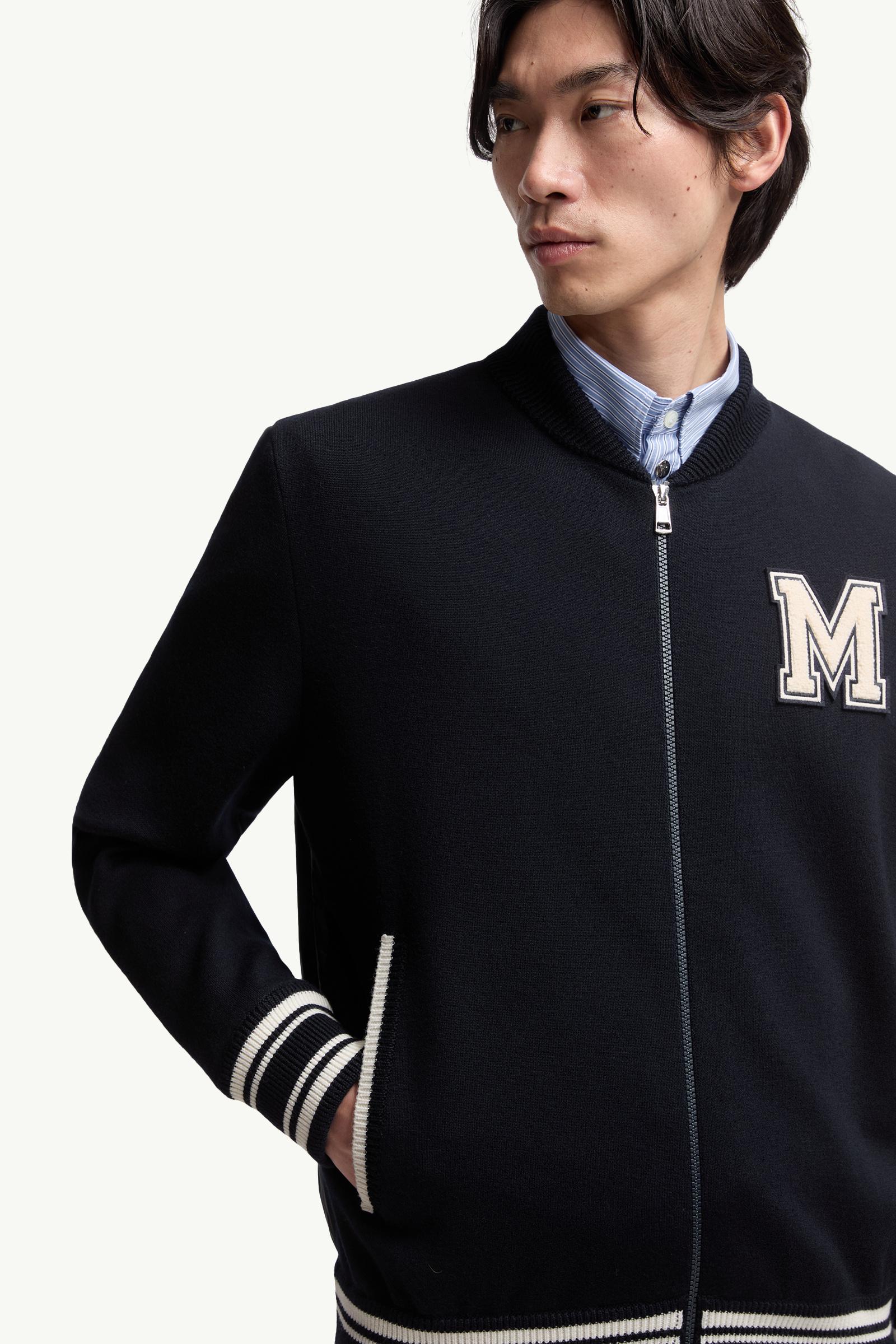 Moncler Embroidered Monogram Padded Zip-Up Wool Blend Cardigan Blue Blue