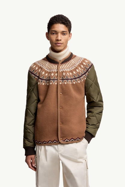 Moncler Padded Geometric Wool Blend Cardigan Beige & Green Beige & Green