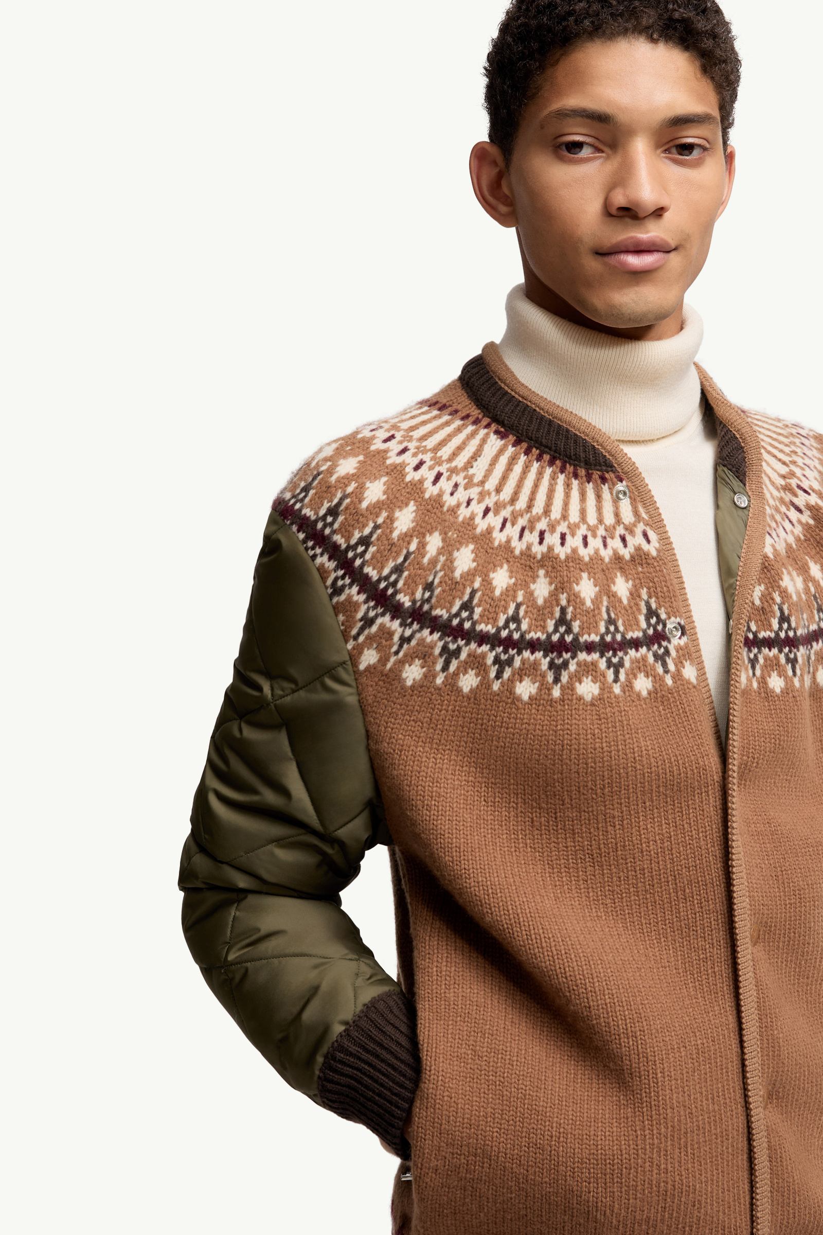 Moncler Padded Geometric Wool Blend Cardigan Beige & Green Beige & Green