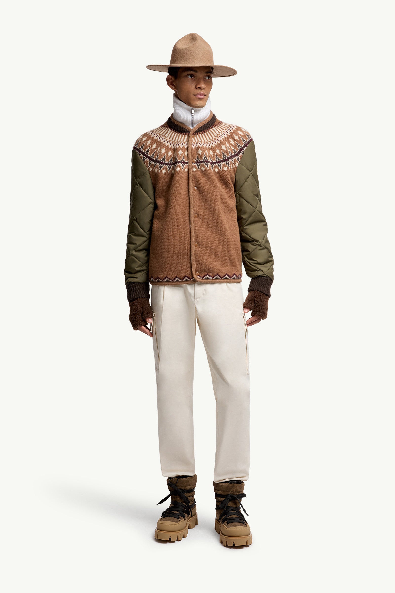 Moncler Padded Geometric Wool Blend Cardigan Beige & Green Beige & Green