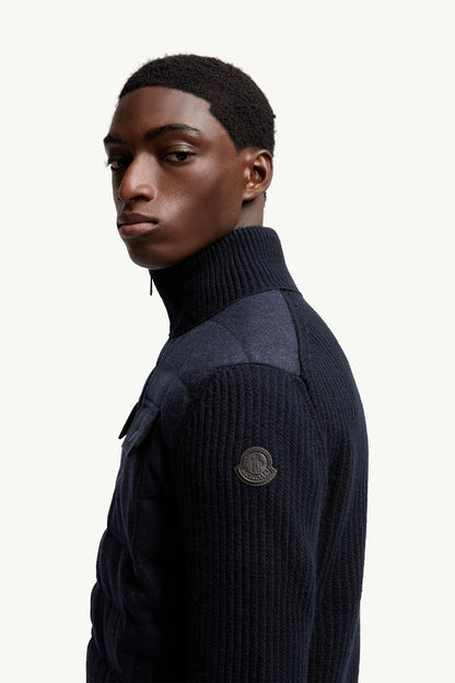 Moncler Padded Wool Zip-Up Cardigan Navy Blue Navy Blue