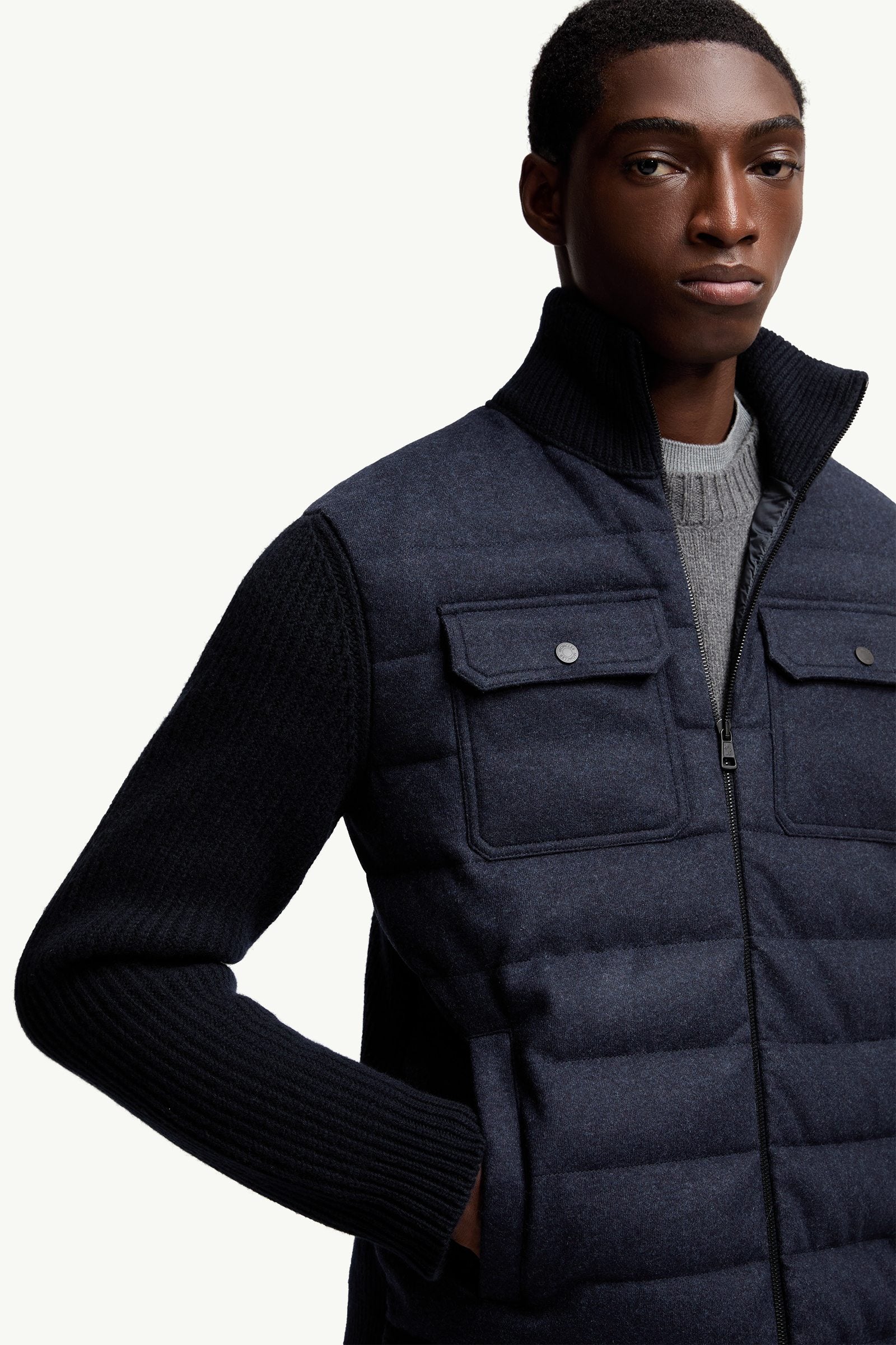 Moncler Padded Wool Zip-Up Cardigan Navy Blue Navy Blue