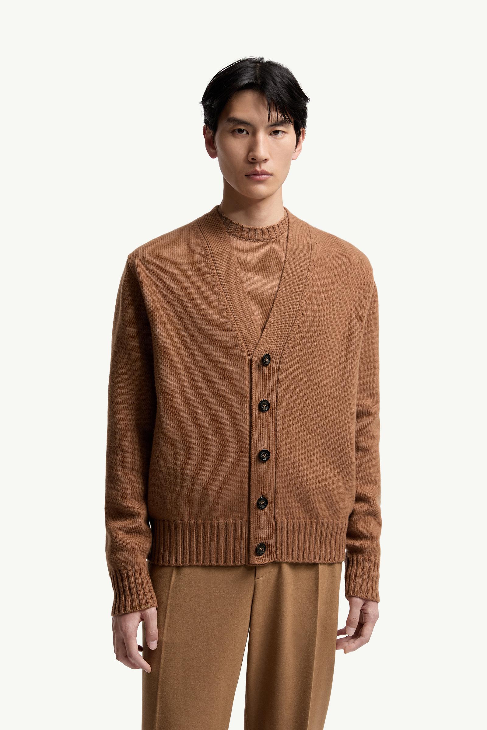 Moncler V-Neck Wool Cardigan Camel Beige Camel Beige