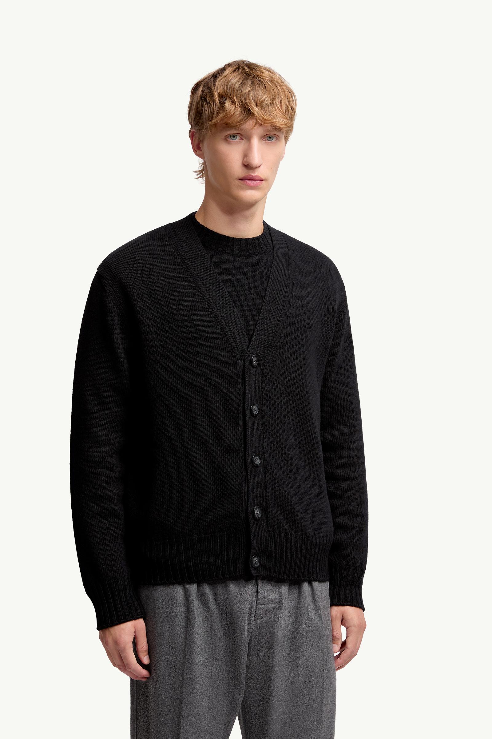 Moncler V-Neck Wool Cardigan Black Black