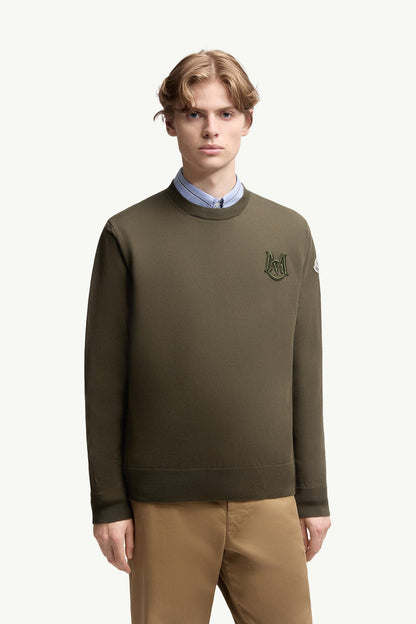 Moncler Embroidered Monogram Cotton Sweater Olive Green Olive Green