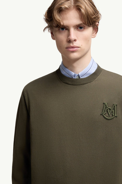 Moncler Embroidered Monogram Cotton Sweater Olive Green Olive Green