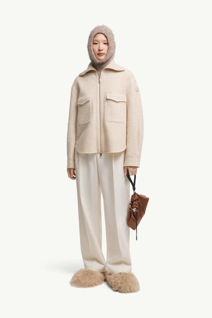 Moncler Bouclé Wool Blend Zip-Up Shirt Light Beige Light Beige
