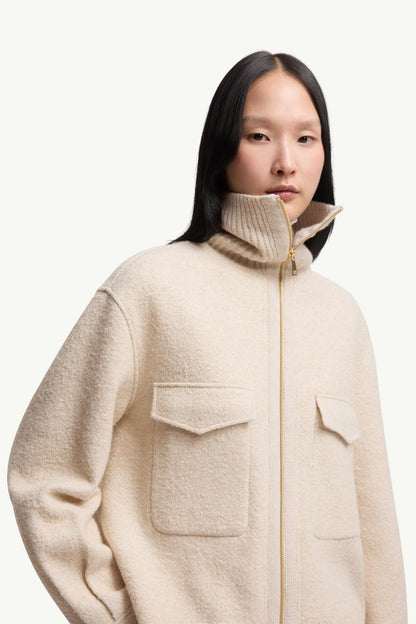 Moncler Bouclé Wool Blend Zip-Up Shirt Light Beige Light Beige