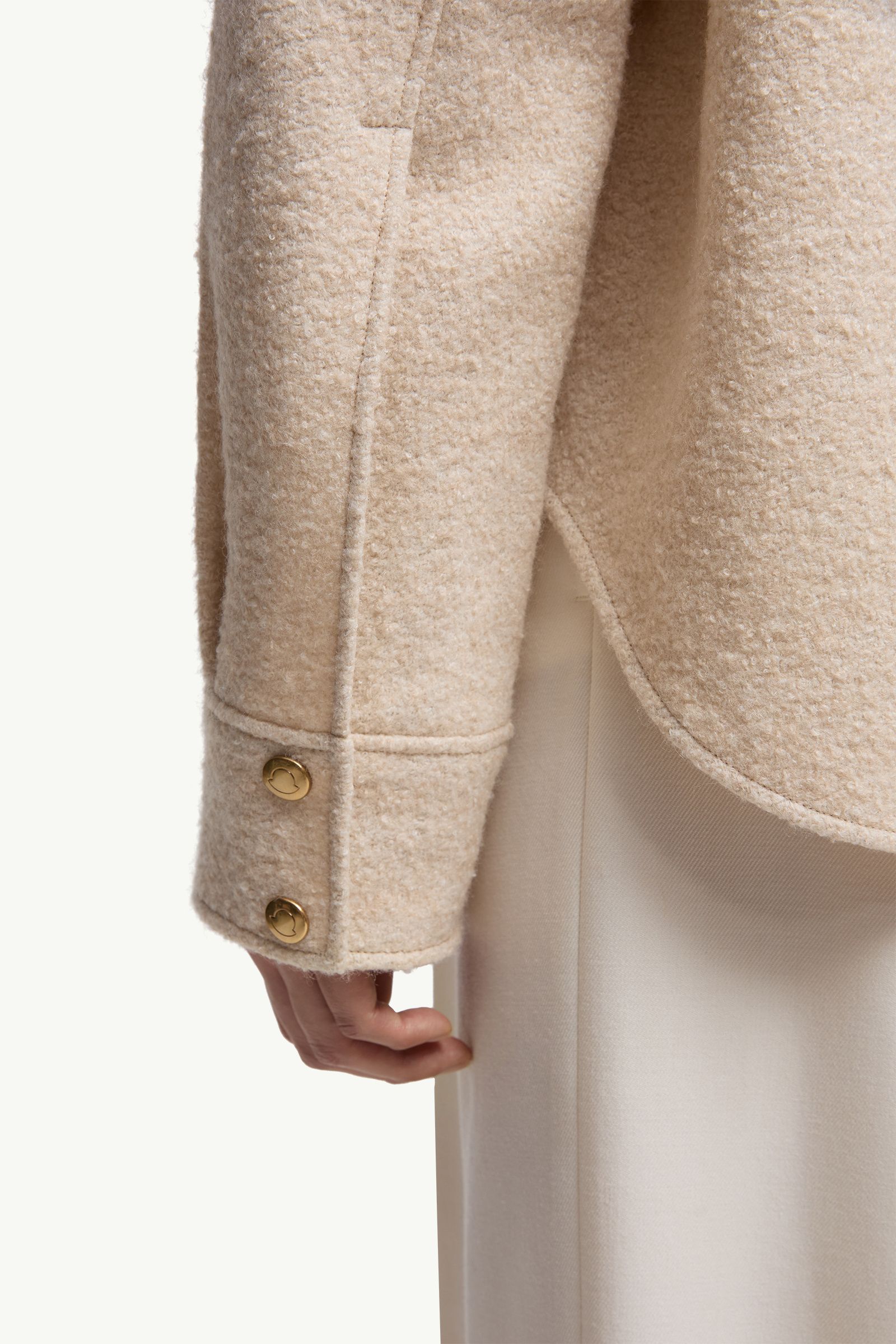 Moncler Bouclé Wool Blend Zip-Up Shirt Light Beige Light Beige