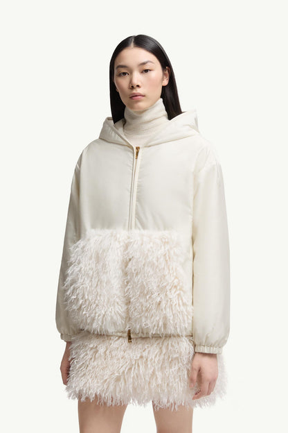 Moncler Teddy-Trimmed Padded Zip-Up Hoodie White White
