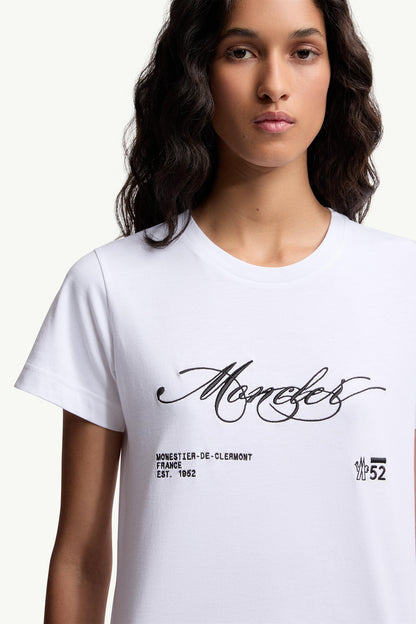 Moncler Embroidered Cursive Logo Cotton T-Shirt White White