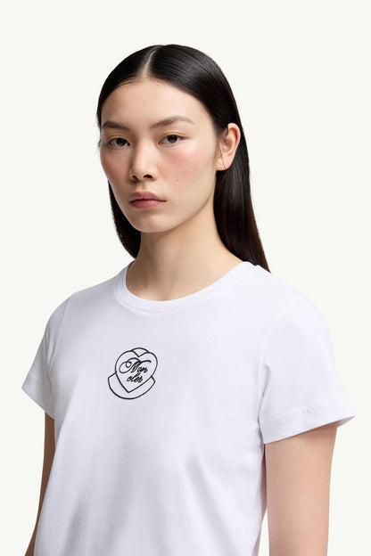Moncler Embroidered Heart Logo Cotton T-Shirt White White