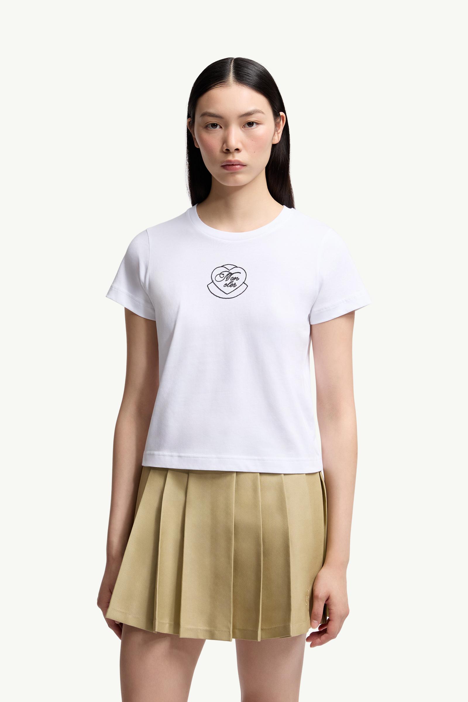 Moncler Embroidered Heart Logo Cotton T-Shirt White White