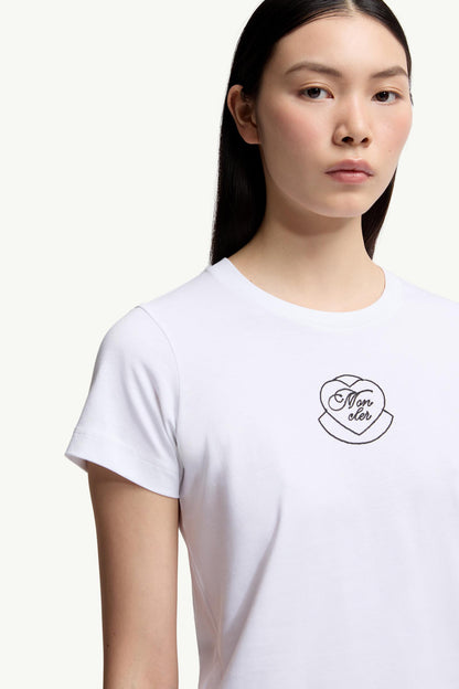 Moncler Embroidered Heart Logo Cotton T-Shirt White White