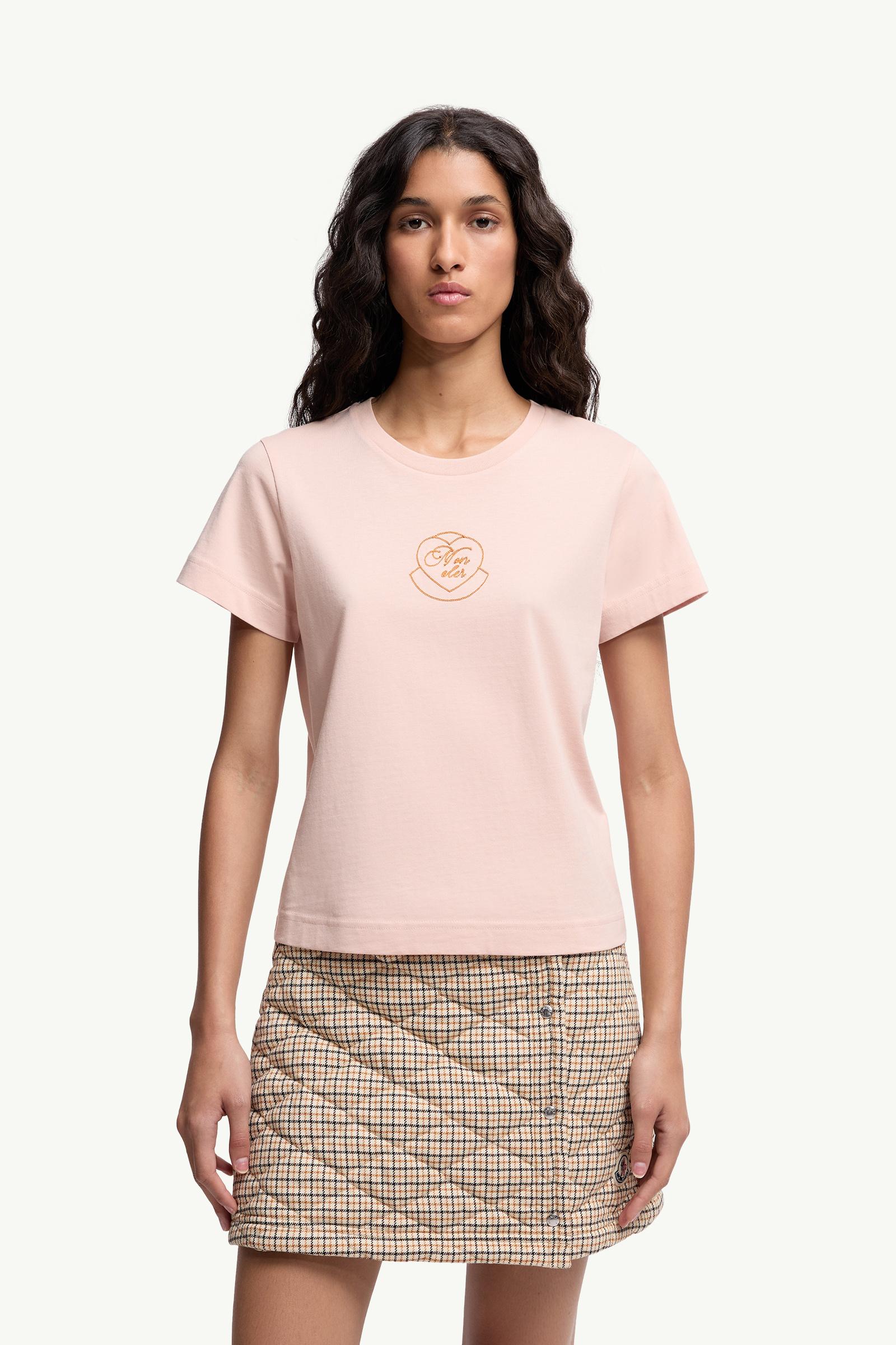 Moncler Embroidered Heart Logo Cotton T-Shirt Light Pink Light Pink