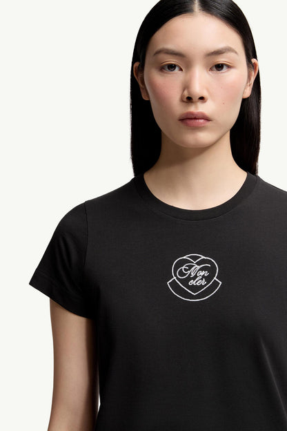 Moncler Embroidered Heart Logo Cotton T-Shirt Black Black