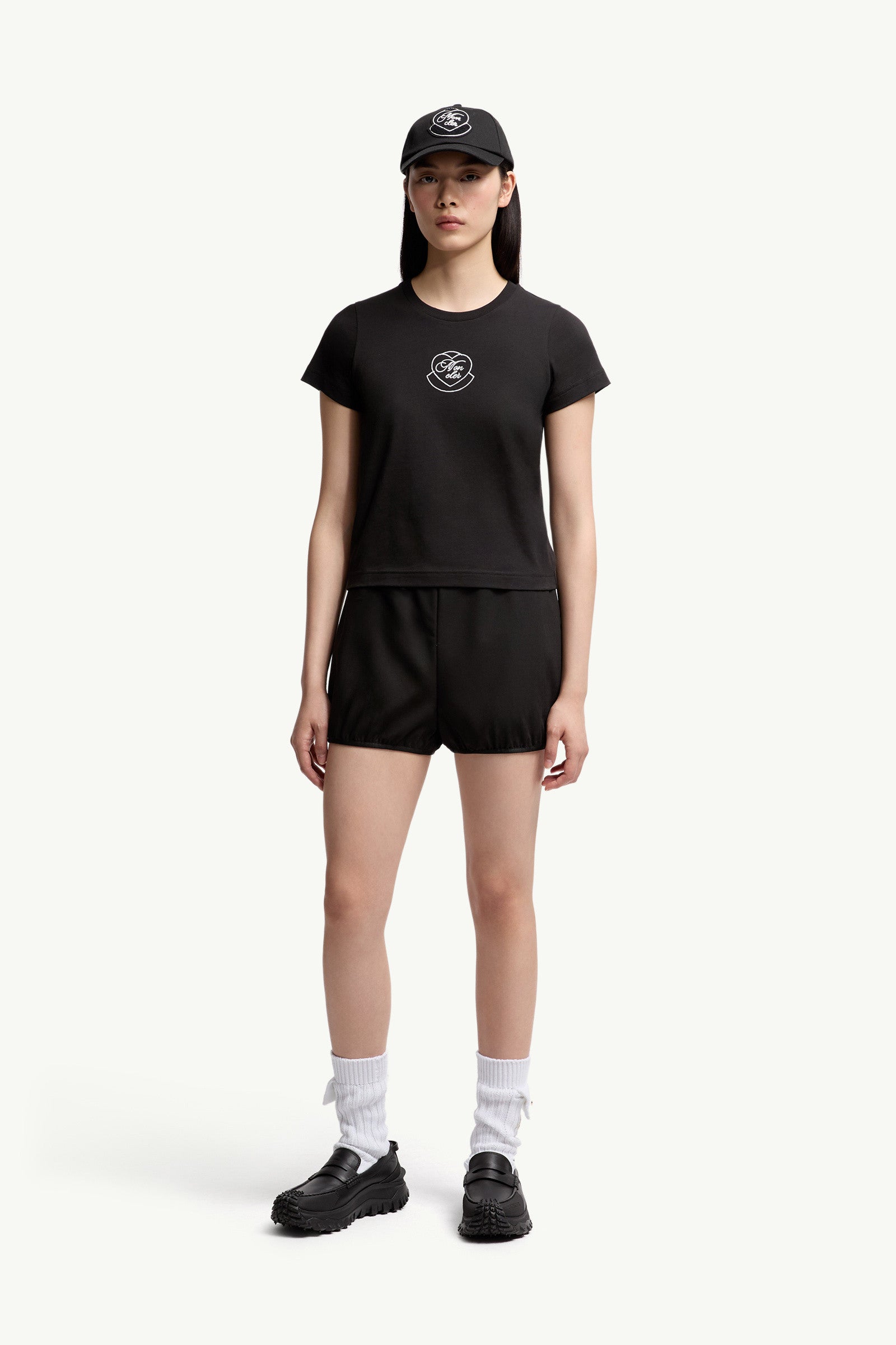 Moncler Embroidered Heart Logo Cotton T-Shirt Black Black