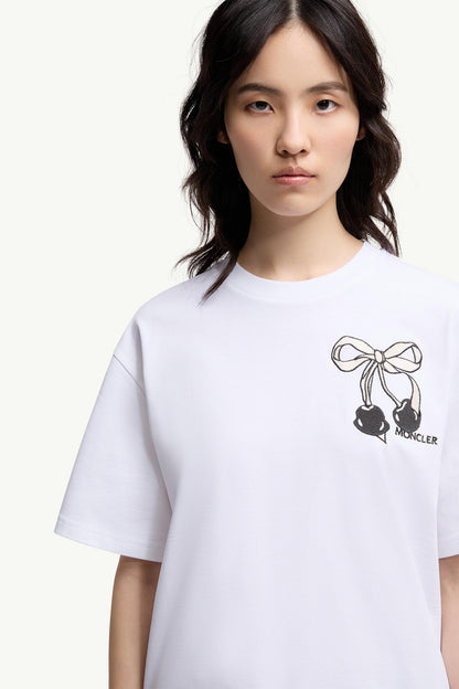 Moncler Embroidered Cherry Logo Cotton T-Shirt White White