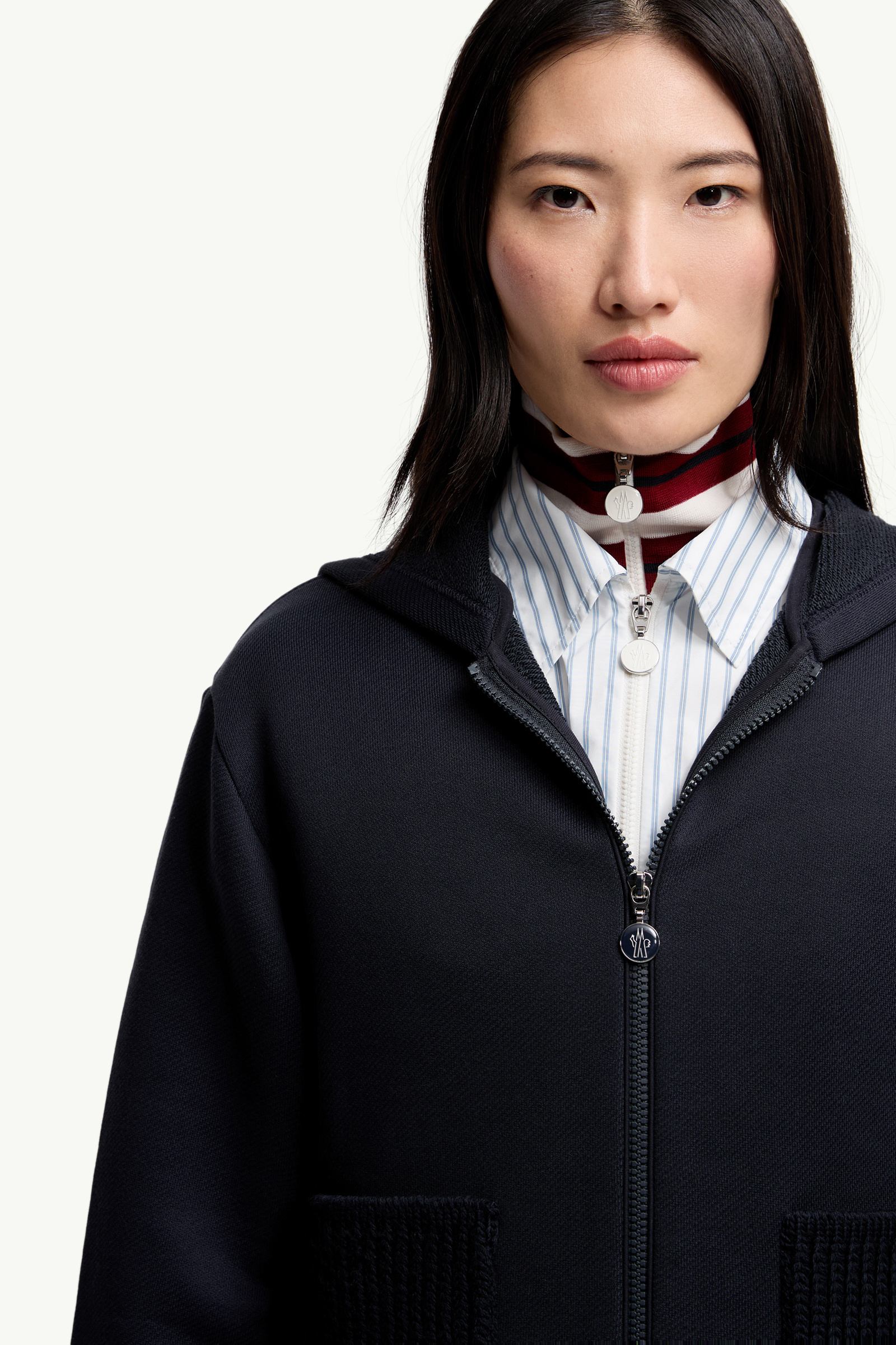 Moncler Knit Accent Cotton Zip-Up Hoodie Navy Blue Navy Blue