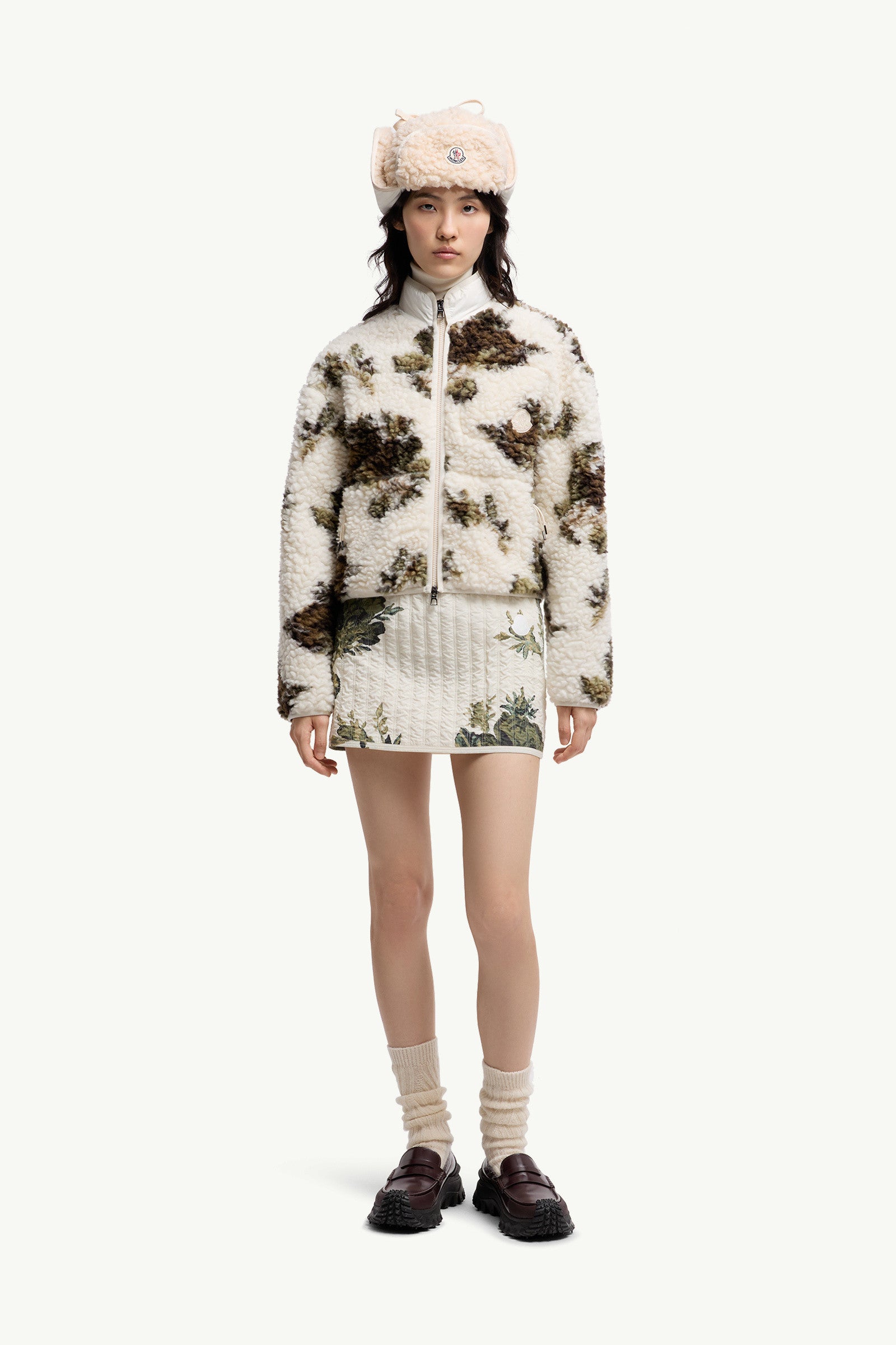 Moncler Floral Print Padded Wool Blend Sweater White & Green White & Green
