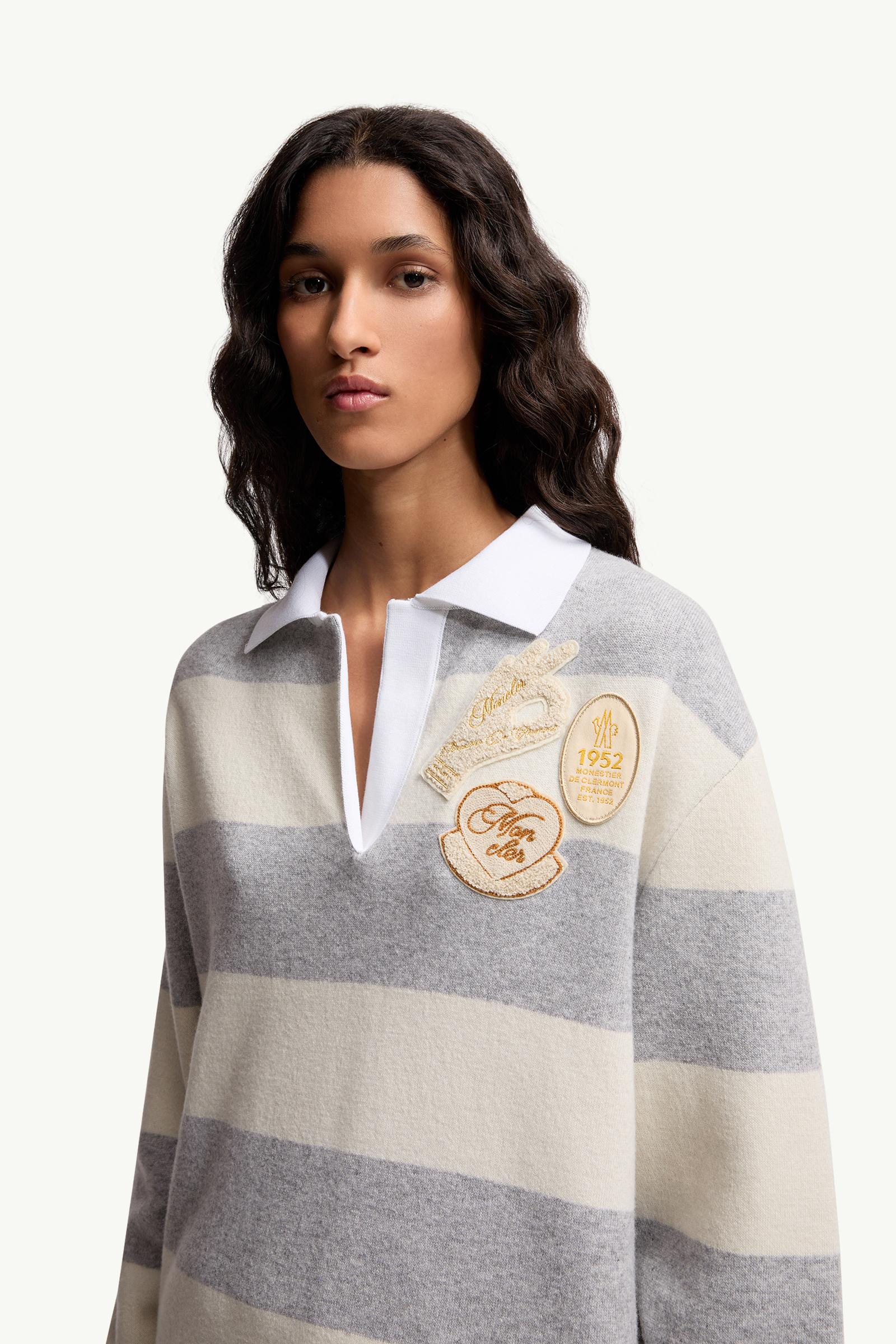 Moncler Striped Long Sleeve Wool Polo Shirt White & Grey White & Grey