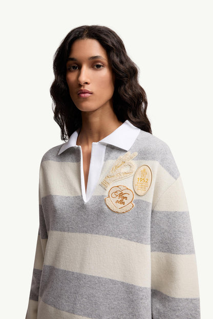 Moncler Striped Long Sleeve Wool Polo Shirt White & Grey White & Grey