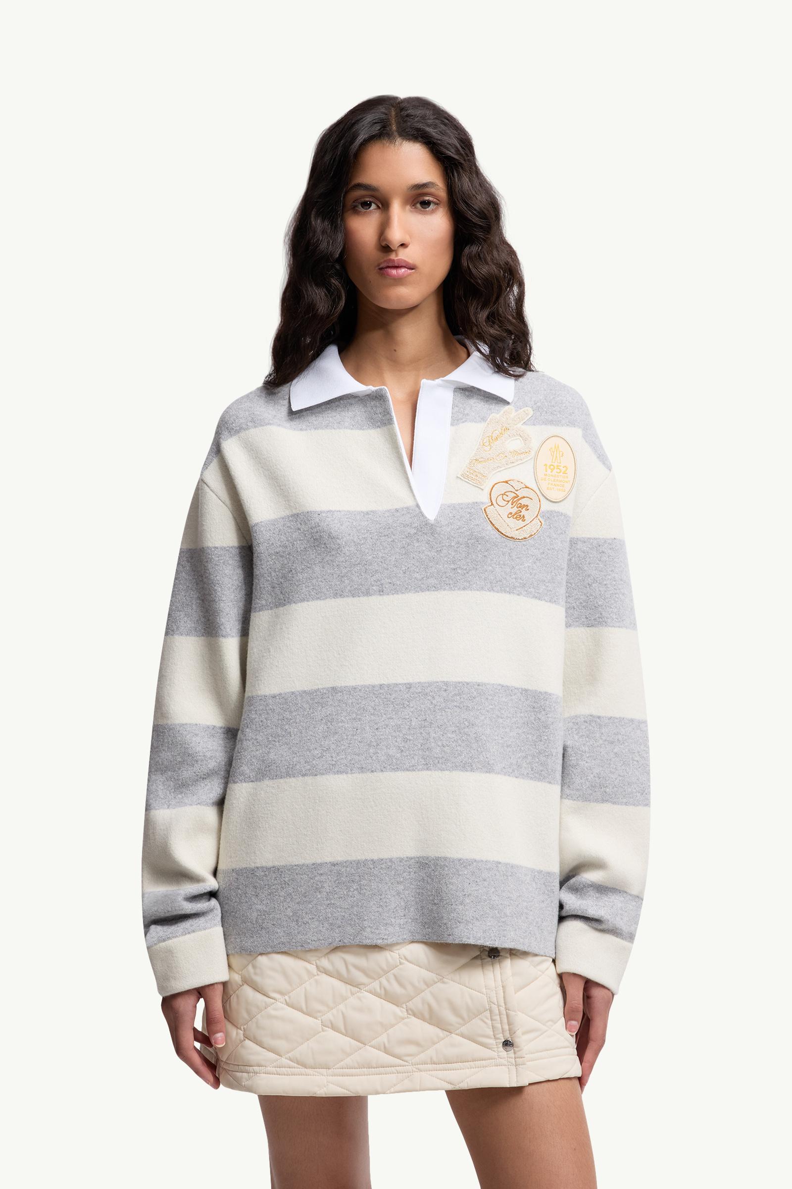 Moncler Striped Long Sleeve Wool Polo Shirt White & Grey White & Grey