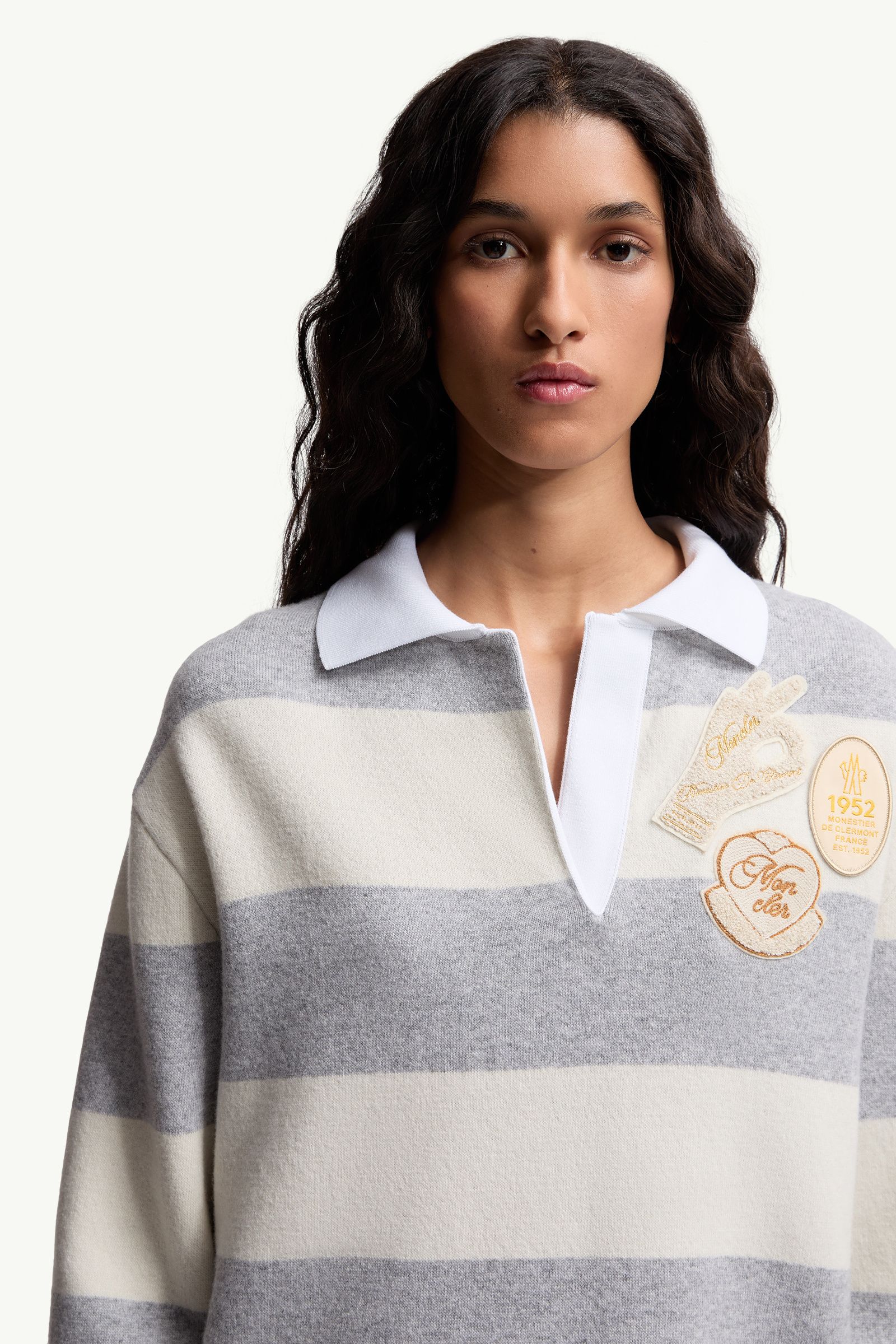 Moncler Striped Long Sleeve Wool Polo Shirt White & Grey White & Grey
