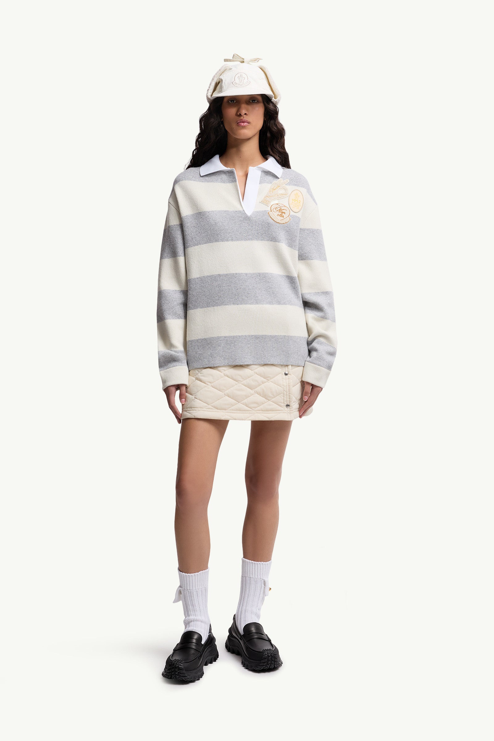 Moncler Striped Long Sleeve Wool Polo Shirt White & Grey White & Grey