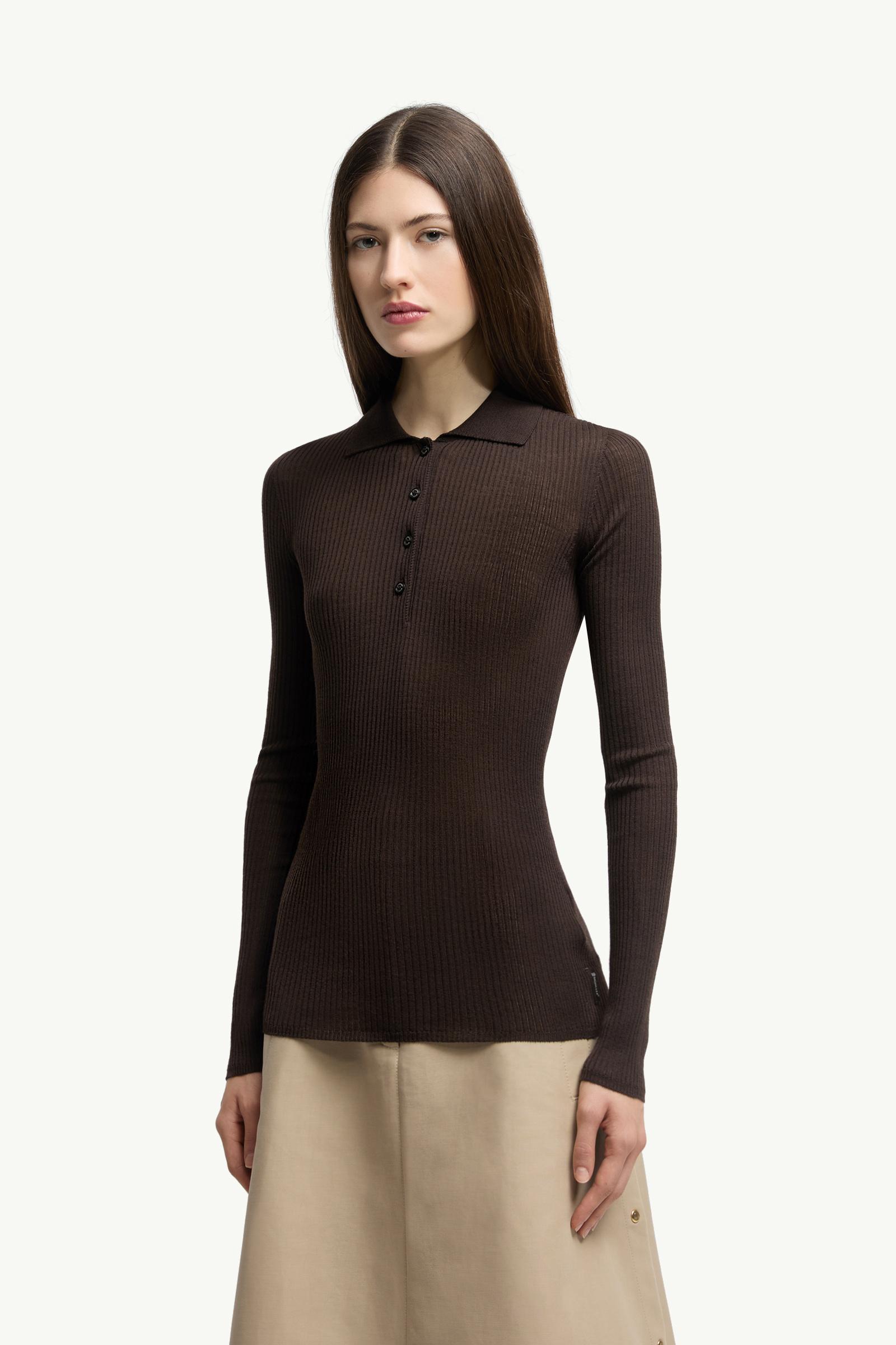 Moncler Wool Long Sleeve Polo Shirt Brown Brown
