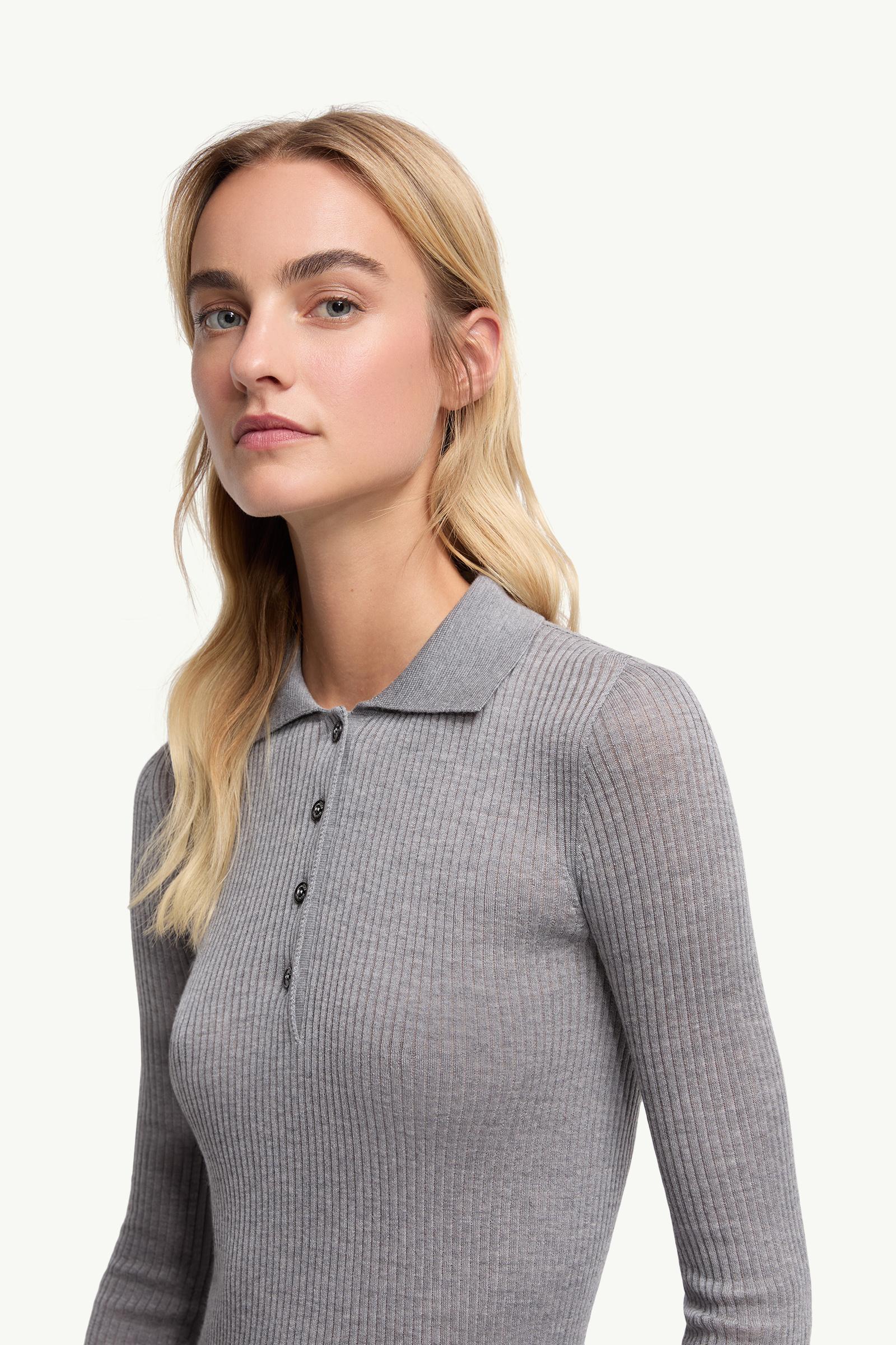 Moncler Wool Long Sleeve Polo Shirt Grey Grey