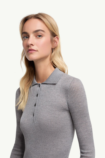 Moncler Wool Long Sleeve Polo Shirt Grey Grey