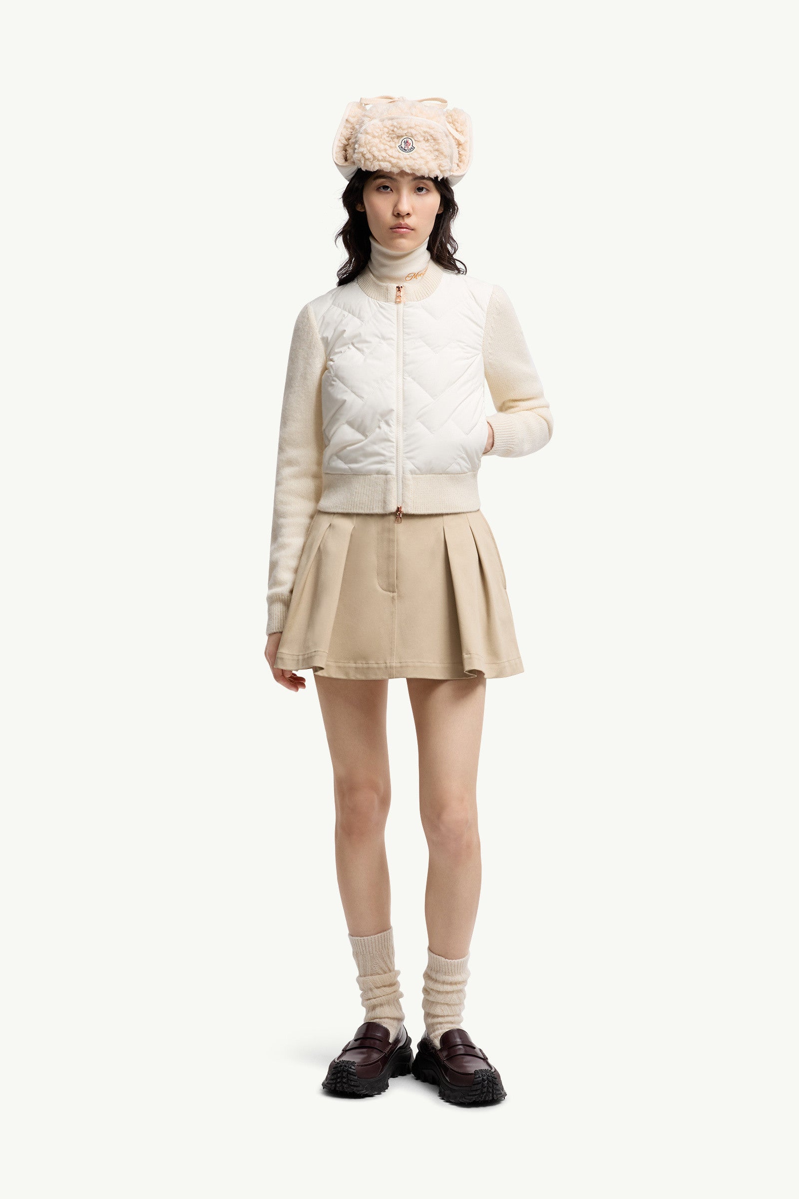 Moncler Padded Wool Blend Zip-Up Cardigan White Ivory White Ivory