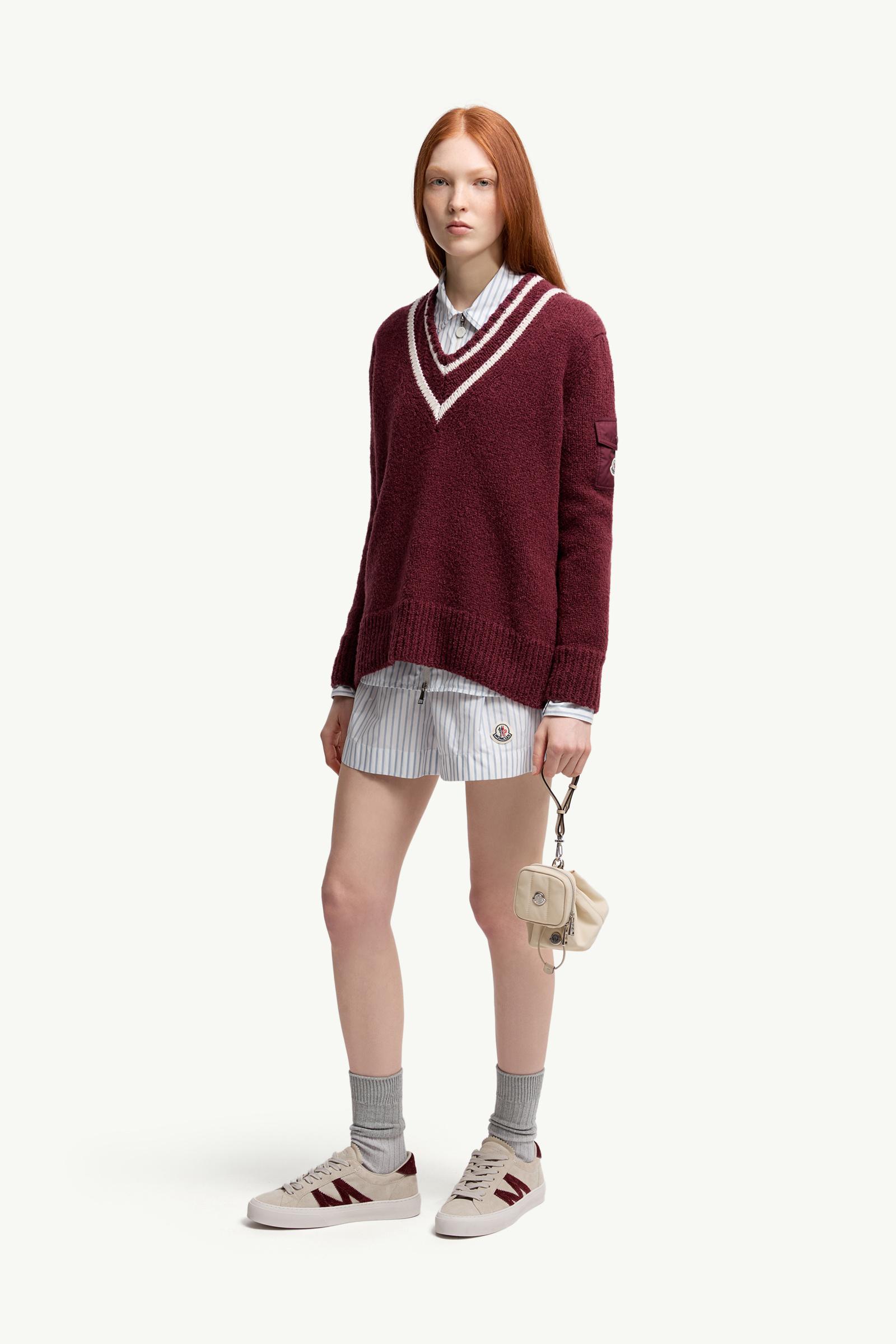Moncler Padded V-Neck Cotton & Wool Blend Sweater Burgundy Burgundy