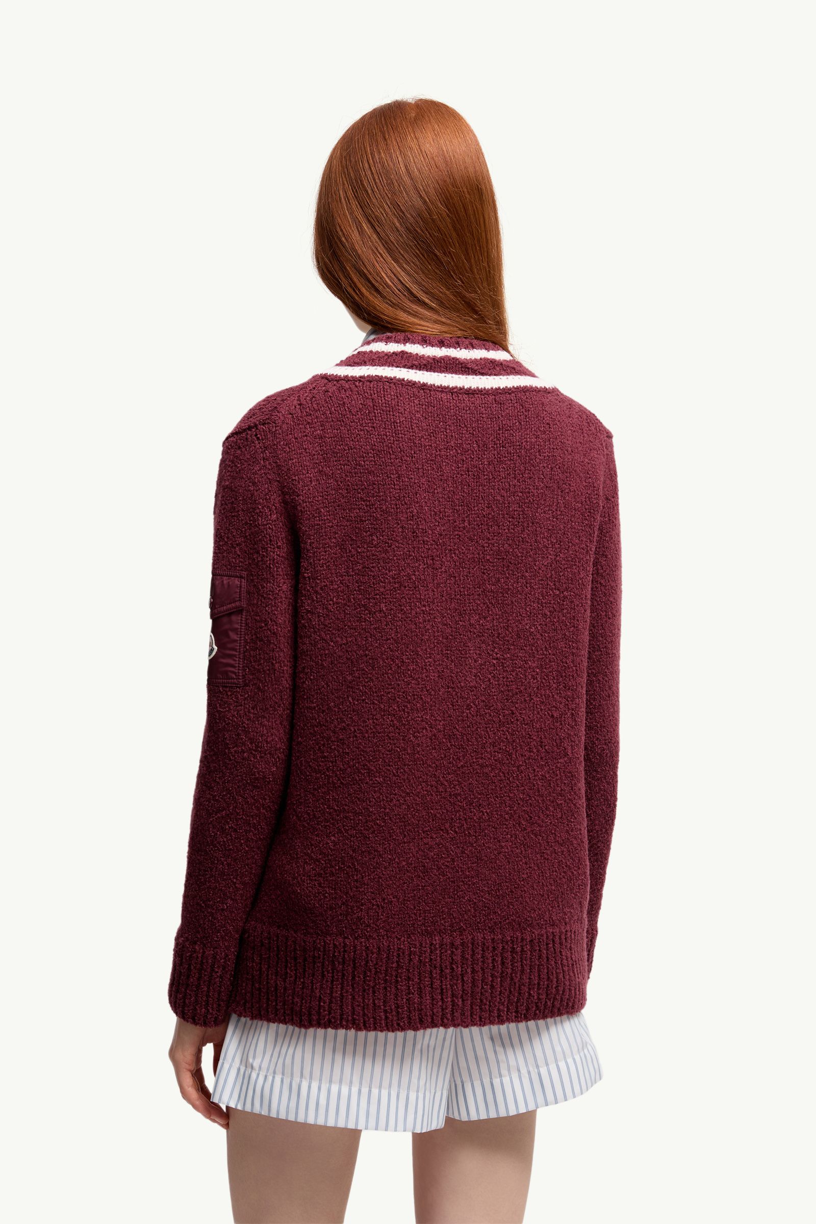 Moncler Padded V-Neck Cotton & Wool Blend Sweater Burgundy Burgundy