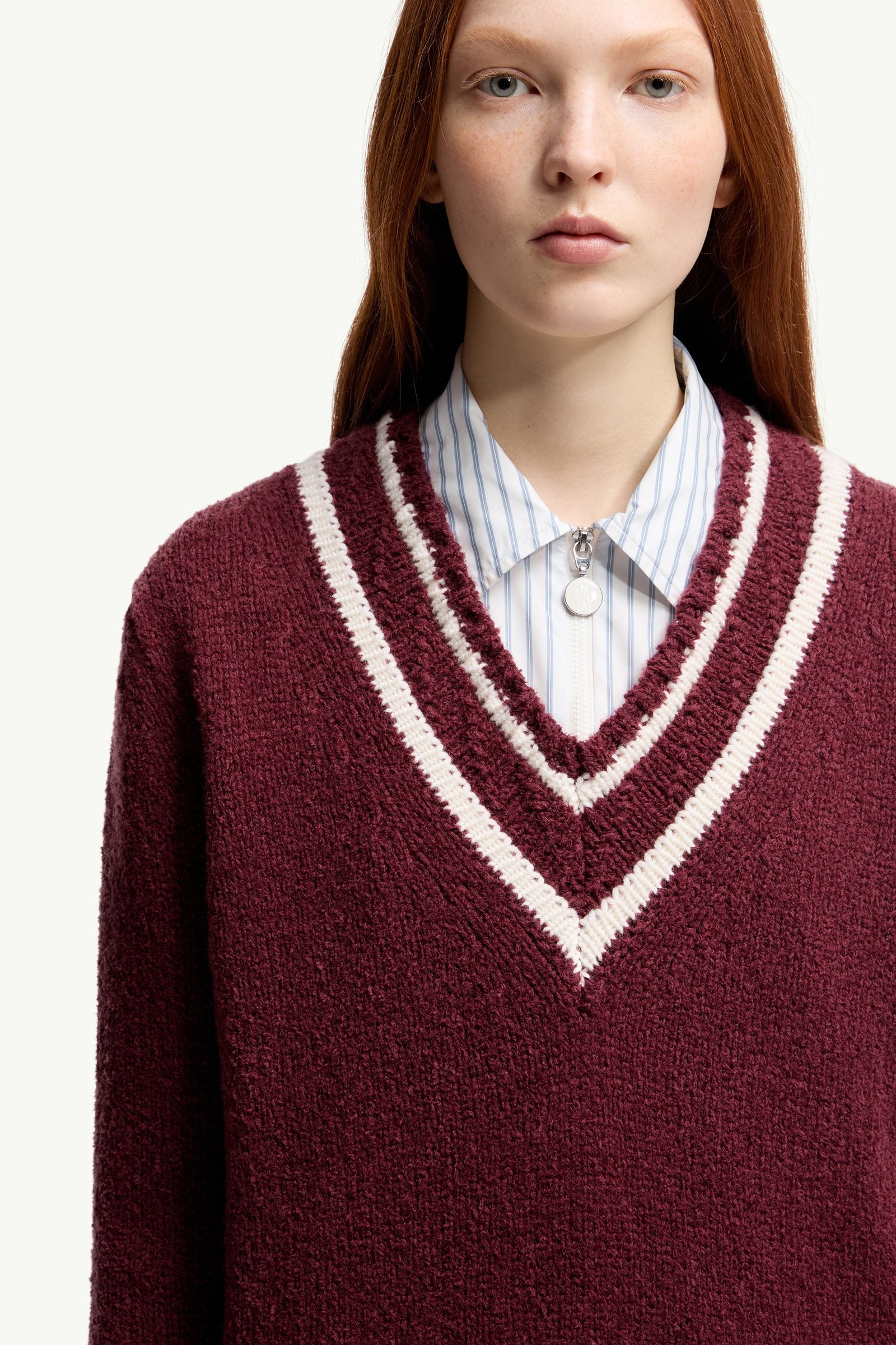 Moncler Padded V-Neck Cotton & Wool Blend Sweater Burgundy Burgundy