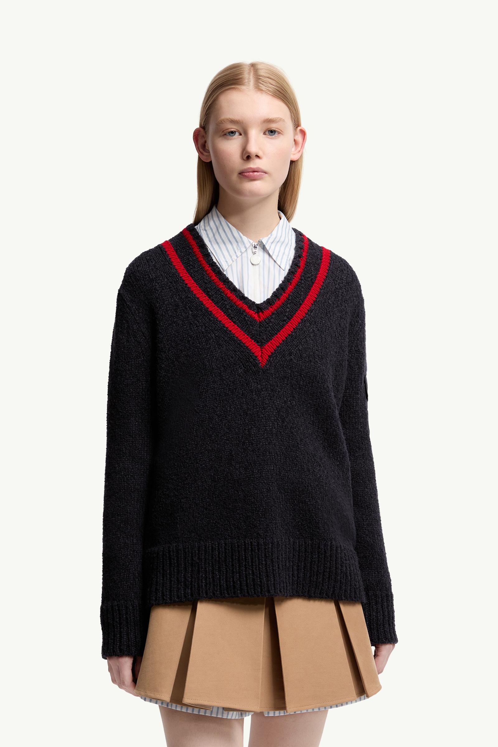 Moncler Padded V-Neck Cotton & Wool Blend Sweater Navy Blue Navy Blue